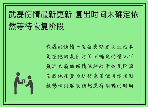 武磊伤情最新更新 复出时间未确定依然等待恢复阶段